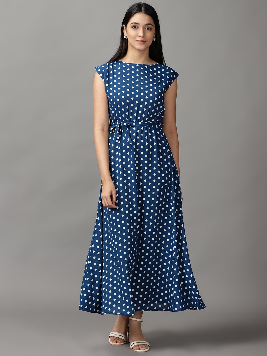 

SHOWOFF Polka Dot Printed Fit & Flare Dress With Belt, Teal