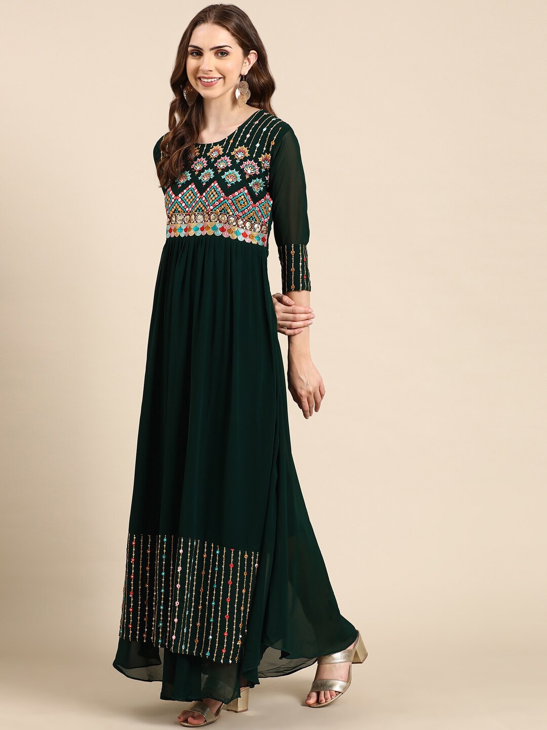 

SHOWOFF Floral Embellished Embroidered Georgette Maxi Ethnic Dress, Green