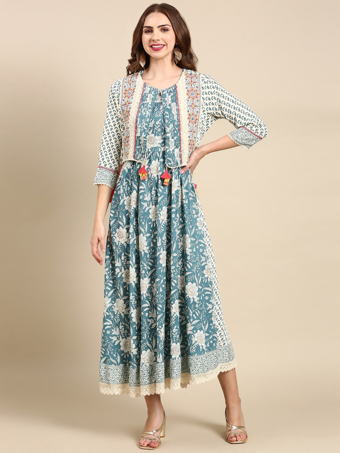 

SHOWOFF Floral Printed Cotton Fit And Flare Dress With Jacket, Blue