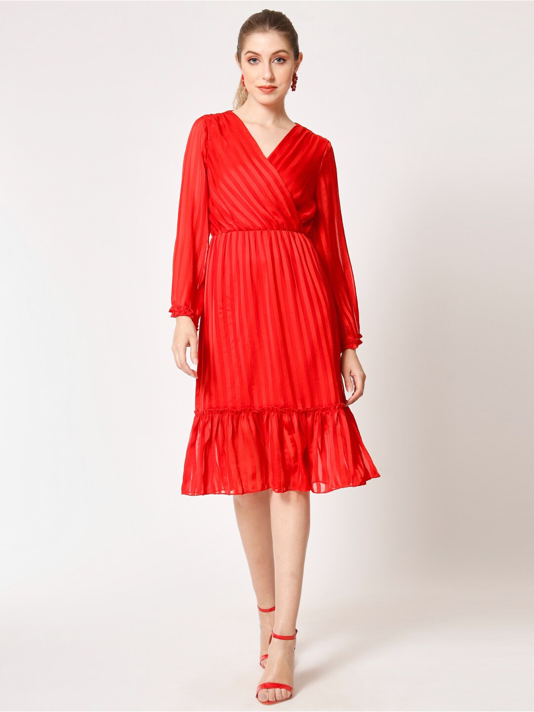 

HERE&NOW Red Striped Puff Sleeves Georgette Fit & Flare Midi Dress With Belt