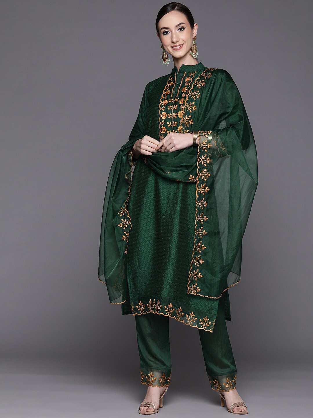 

Indo Era Green Floral Yoke Design Zari Work Kurta With Trousers & Dupatta