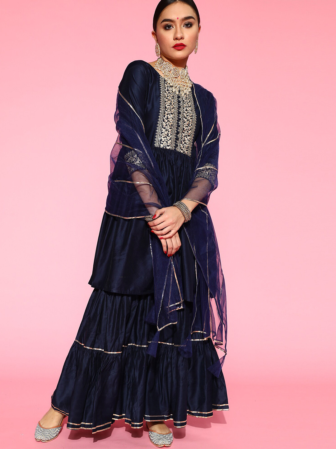 

Indo Era Navy Blue Floral Embroidered Regular Kurti With Sharara & Dupatta