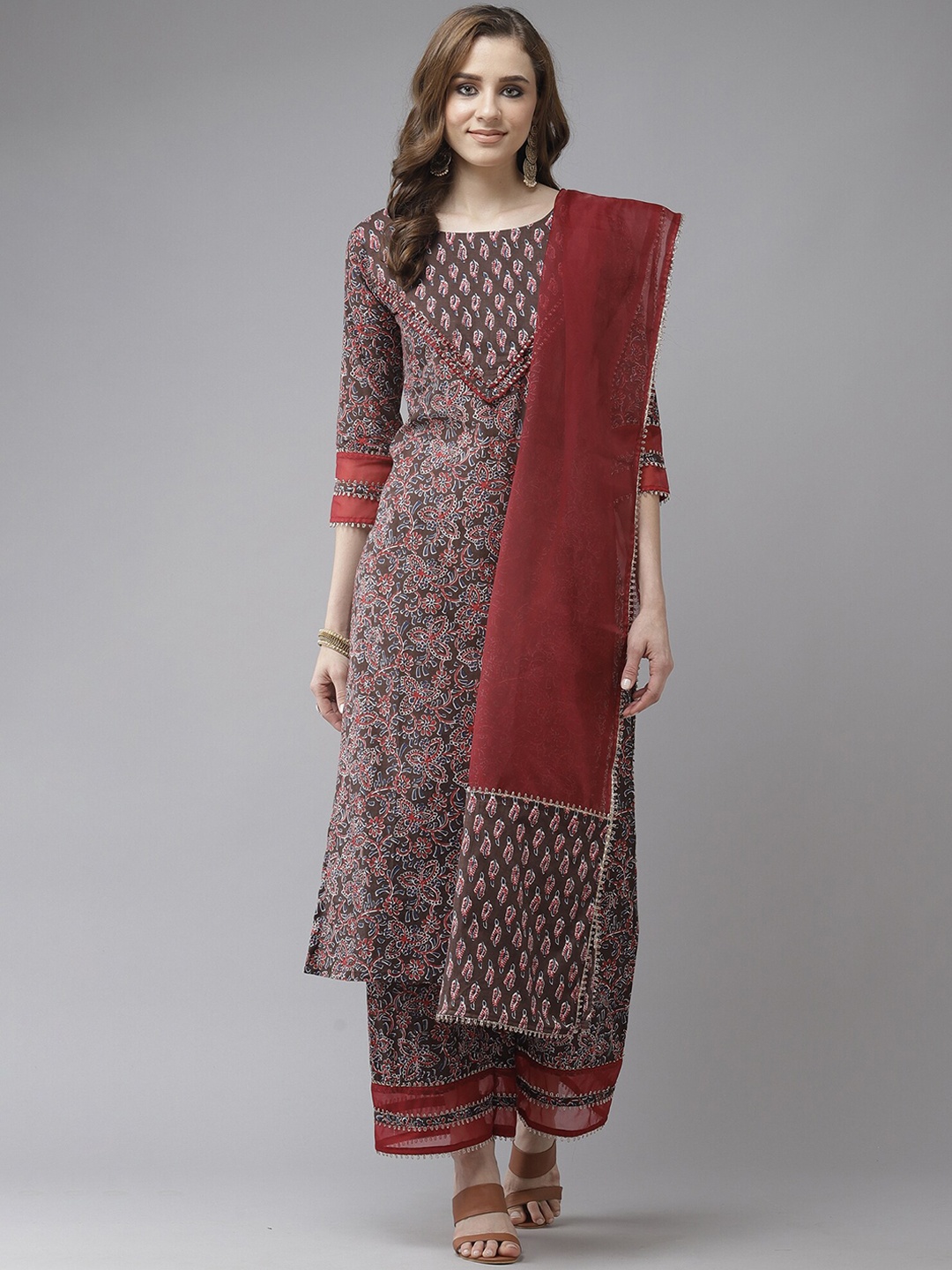 

Indo Era Floral Printed Kurta With Palazzos & Dupatta, Brown