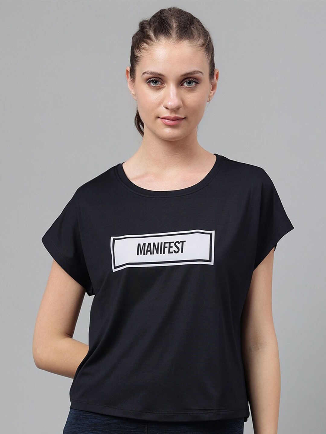 

MKH Dri-FIT Typography Printed Extended Sleeves Round Neck Sports T-shirt, Black