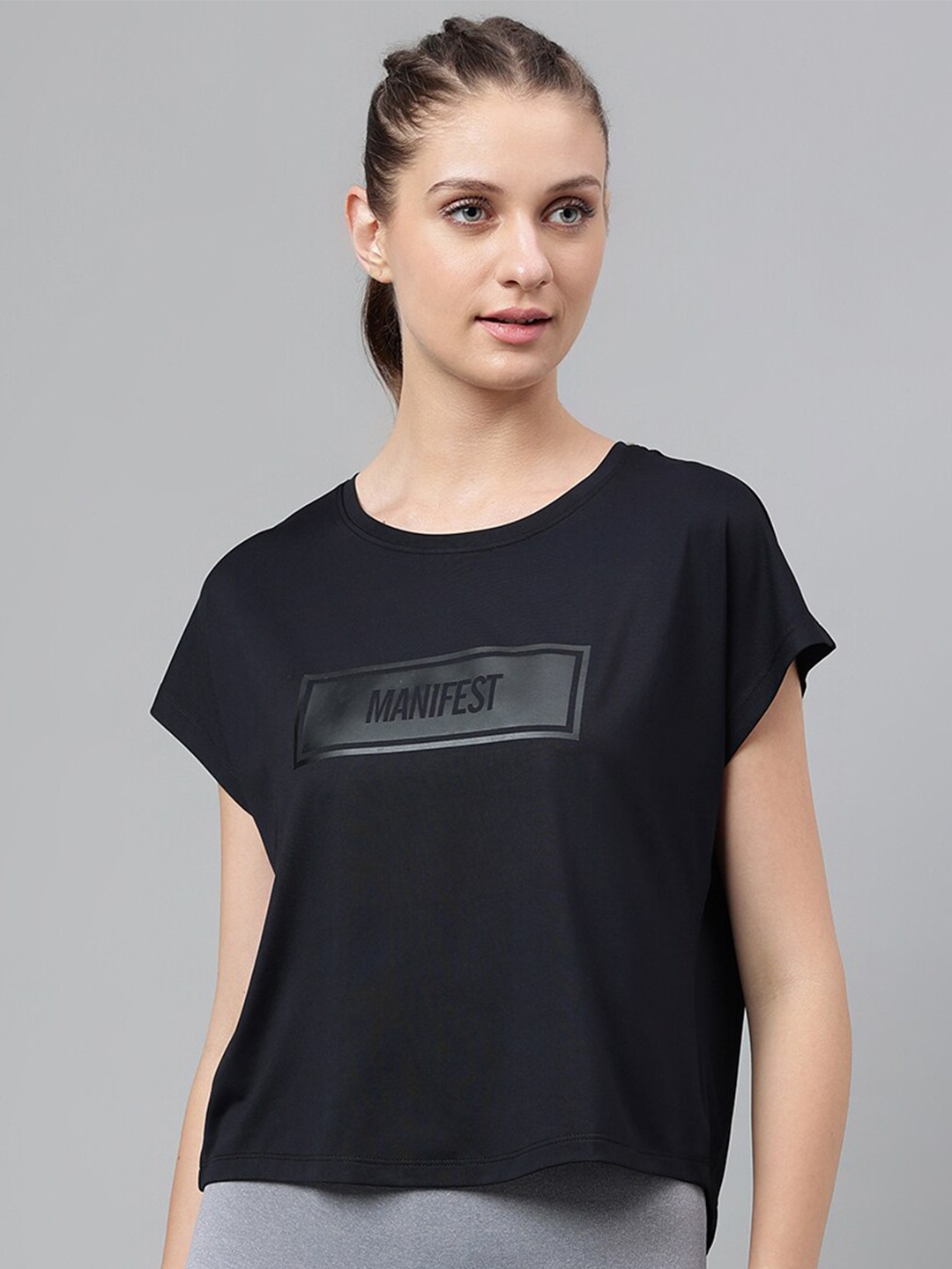 

MKH Dri-FIT Typography Printed Extended Sleeves Round Neck Sports T-shirt, Black