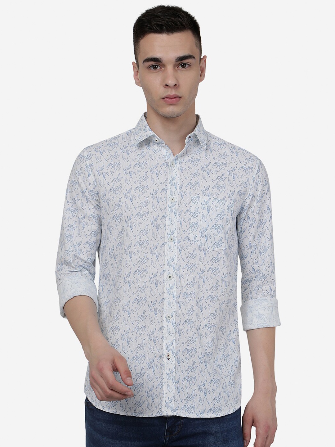 

JADE BLUE Slim Fit Floral Printed Spread Collar Casual Pure Cotton Shirt, White