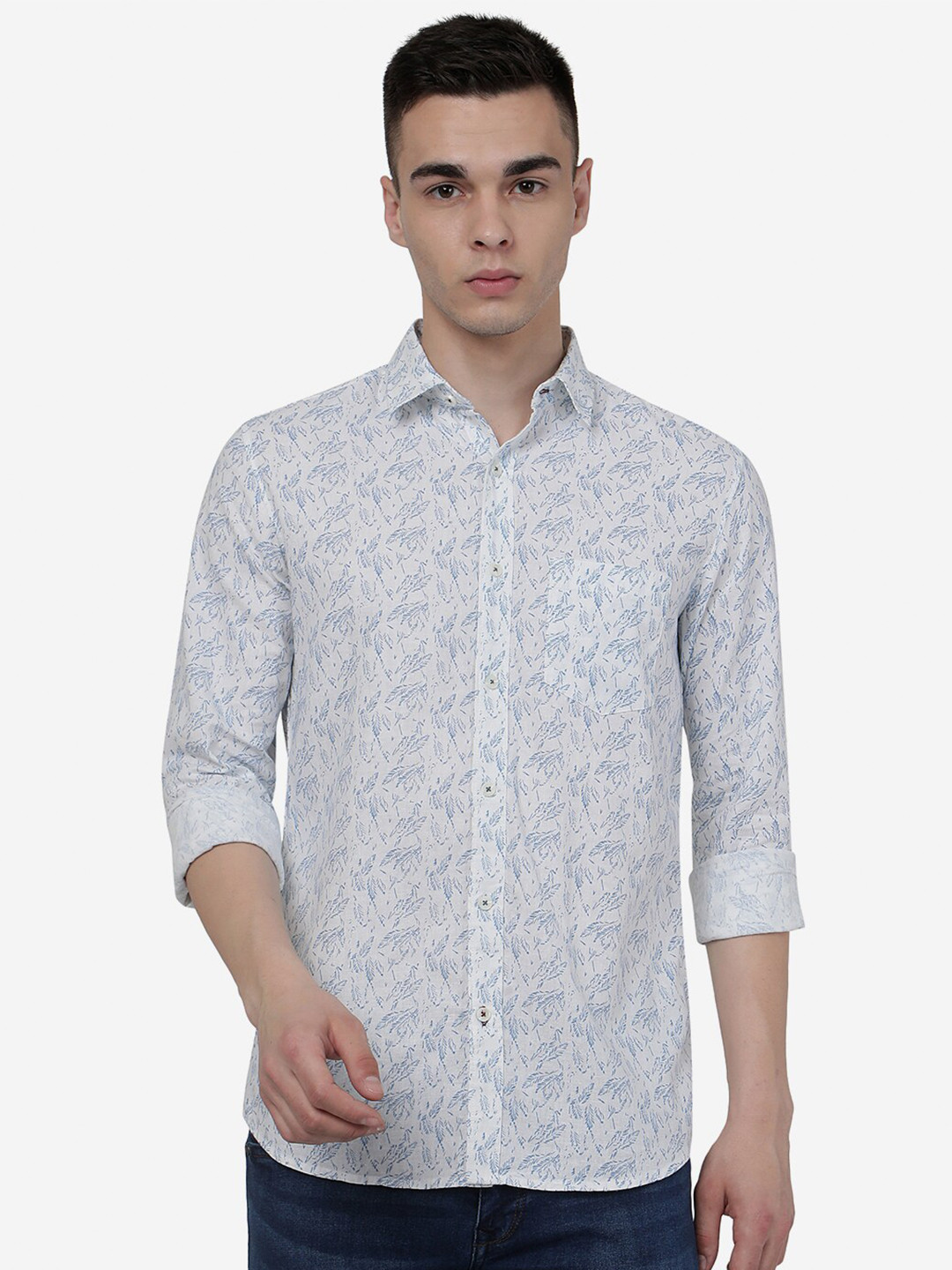 

JADE BLUE Floral Printed Spread Collar Casual Pure Cotton Shirt, White