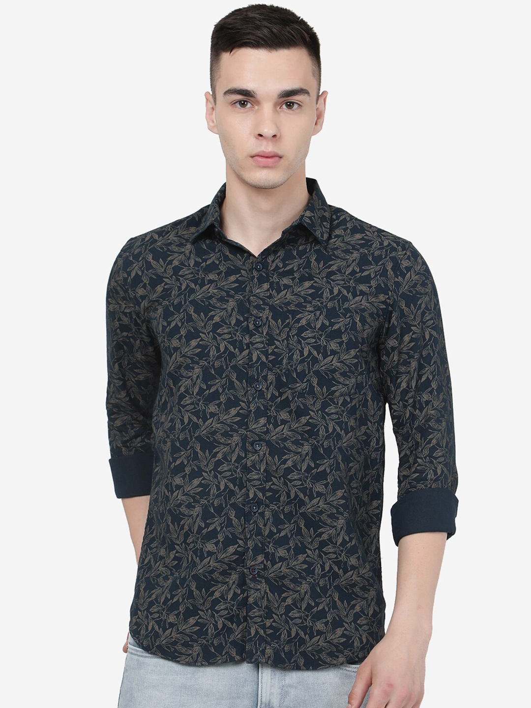 

JADE BLUE Tropical Printed Spread Collar Pure Cotton Shirt, Navy blue