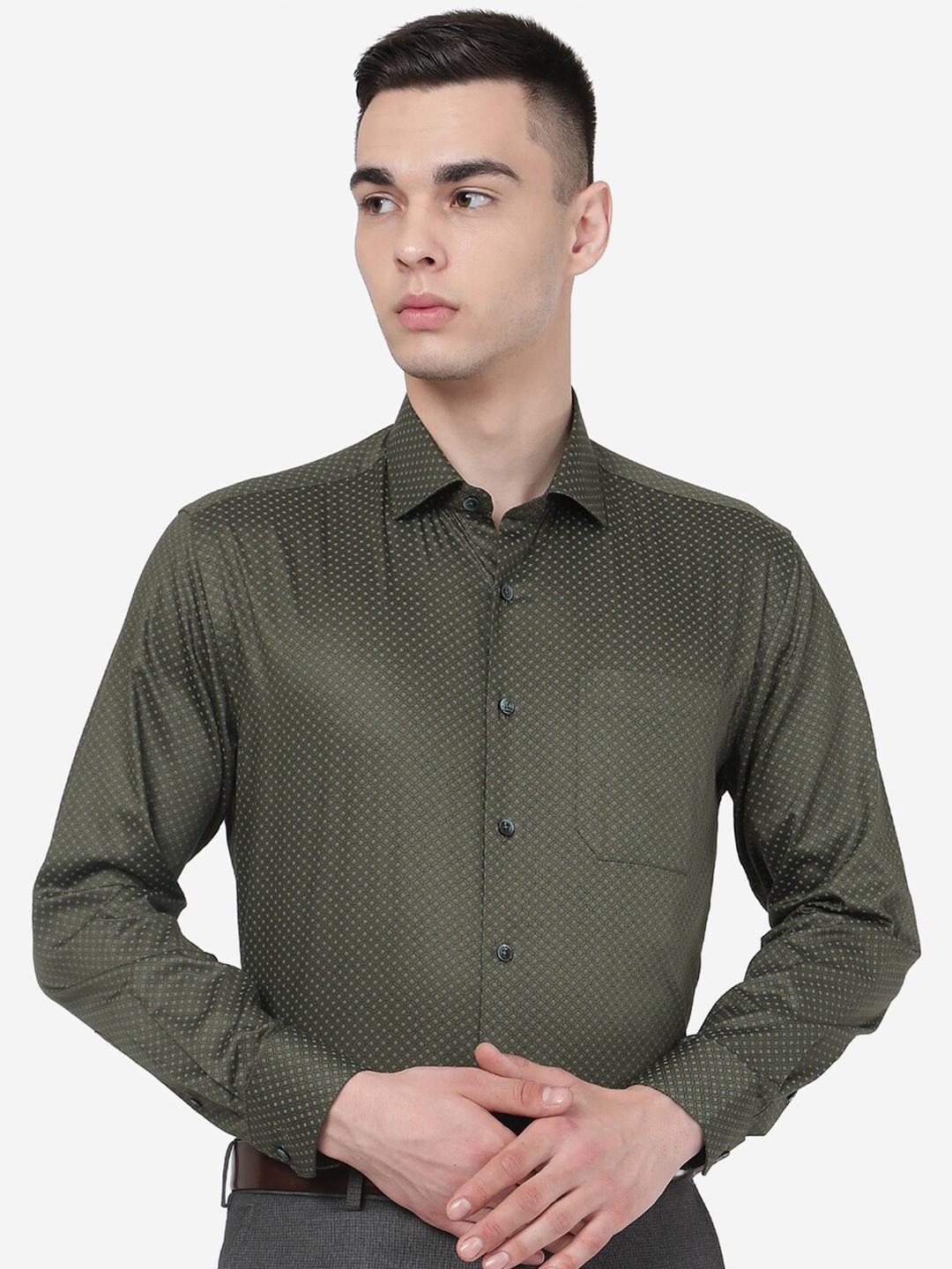 

JADE BLUE Geometric Printed Formal Pure Cotton Shirt, Olive