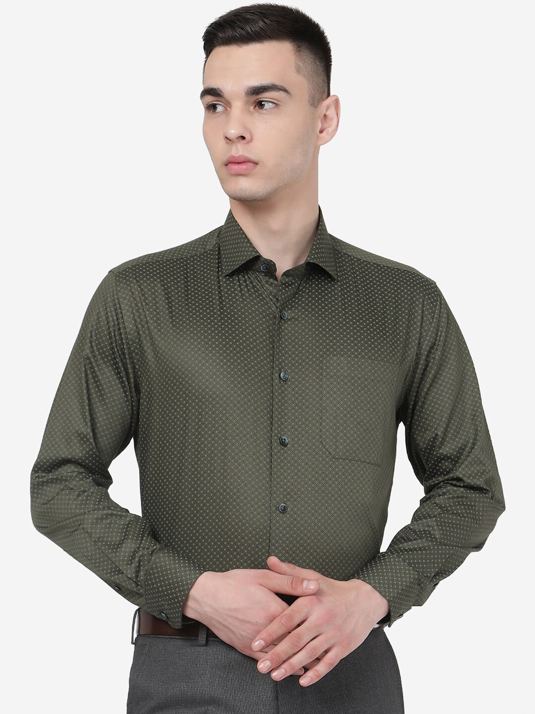 

JADE BLUE Geometric Printed Formal Pure Cotton Shirt, Olive