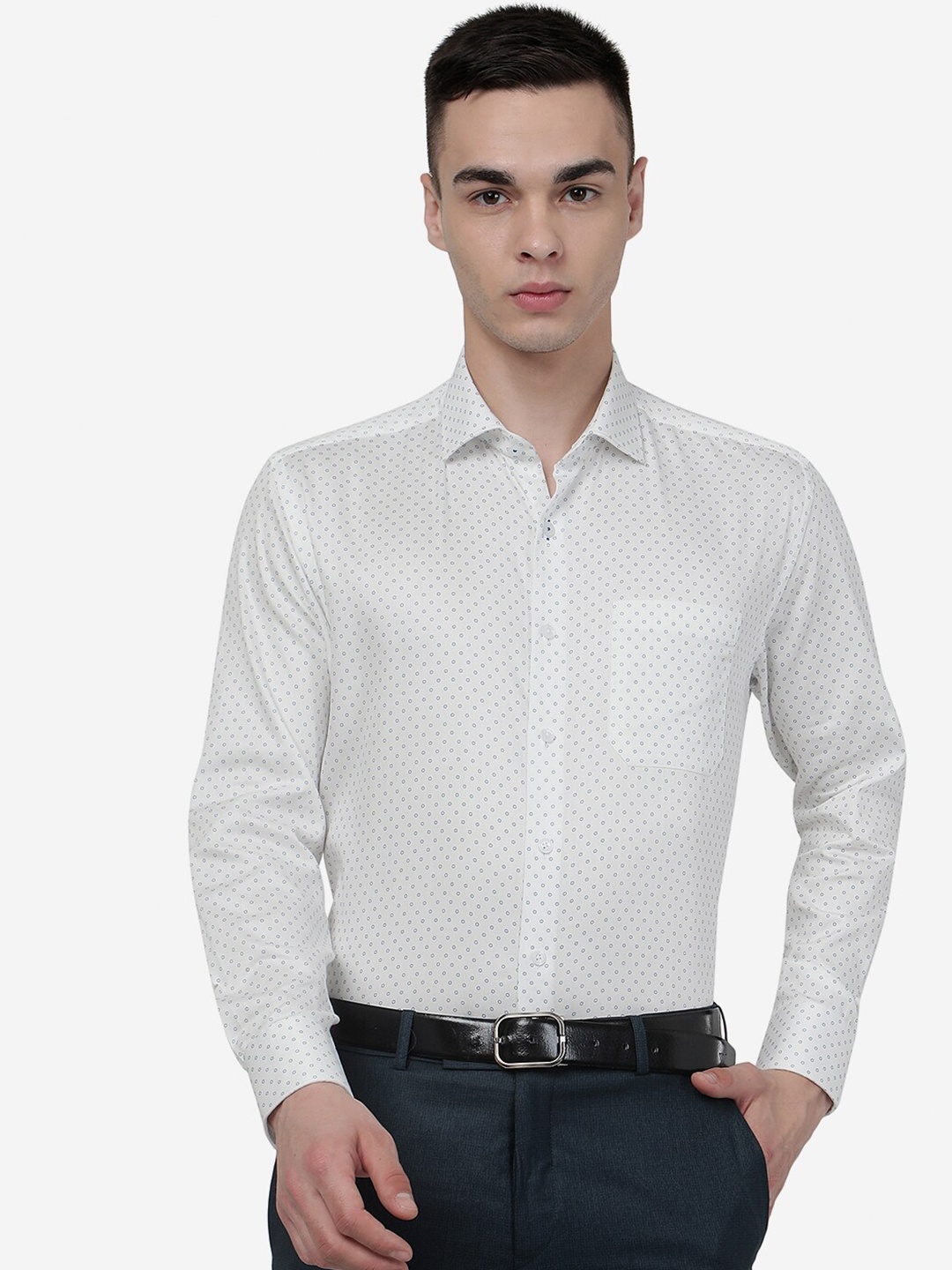 

JADE BLUE Micro Ditsy Printed Formal Pure Cotton Shirt, White