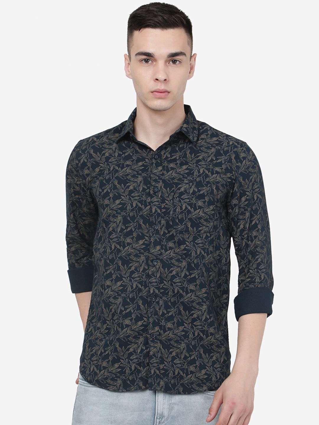 

JADE BLUE Tropical Printed Spread Collar Pure Cotton Shirt, Navy blue