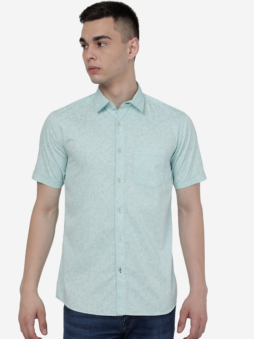 

JADE BLUE Slim Fit Floral Printed Casual Pure Cotton Shirt, Green
