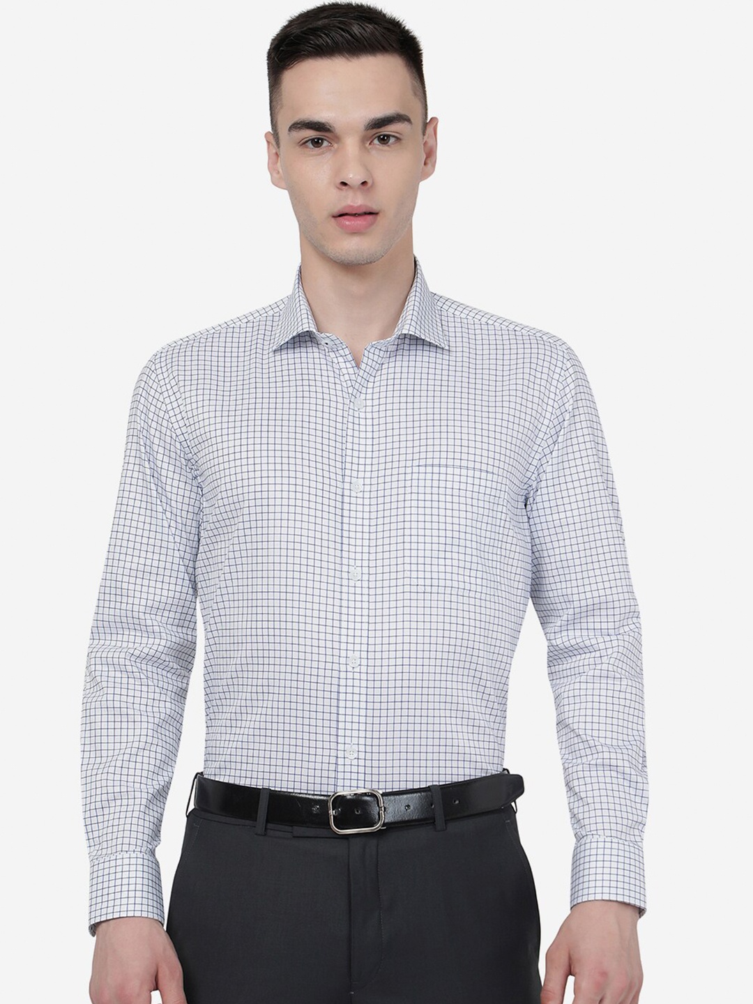 

JADE BLUE Checked Spread Collar Formal Pure Cotton Shirt, White