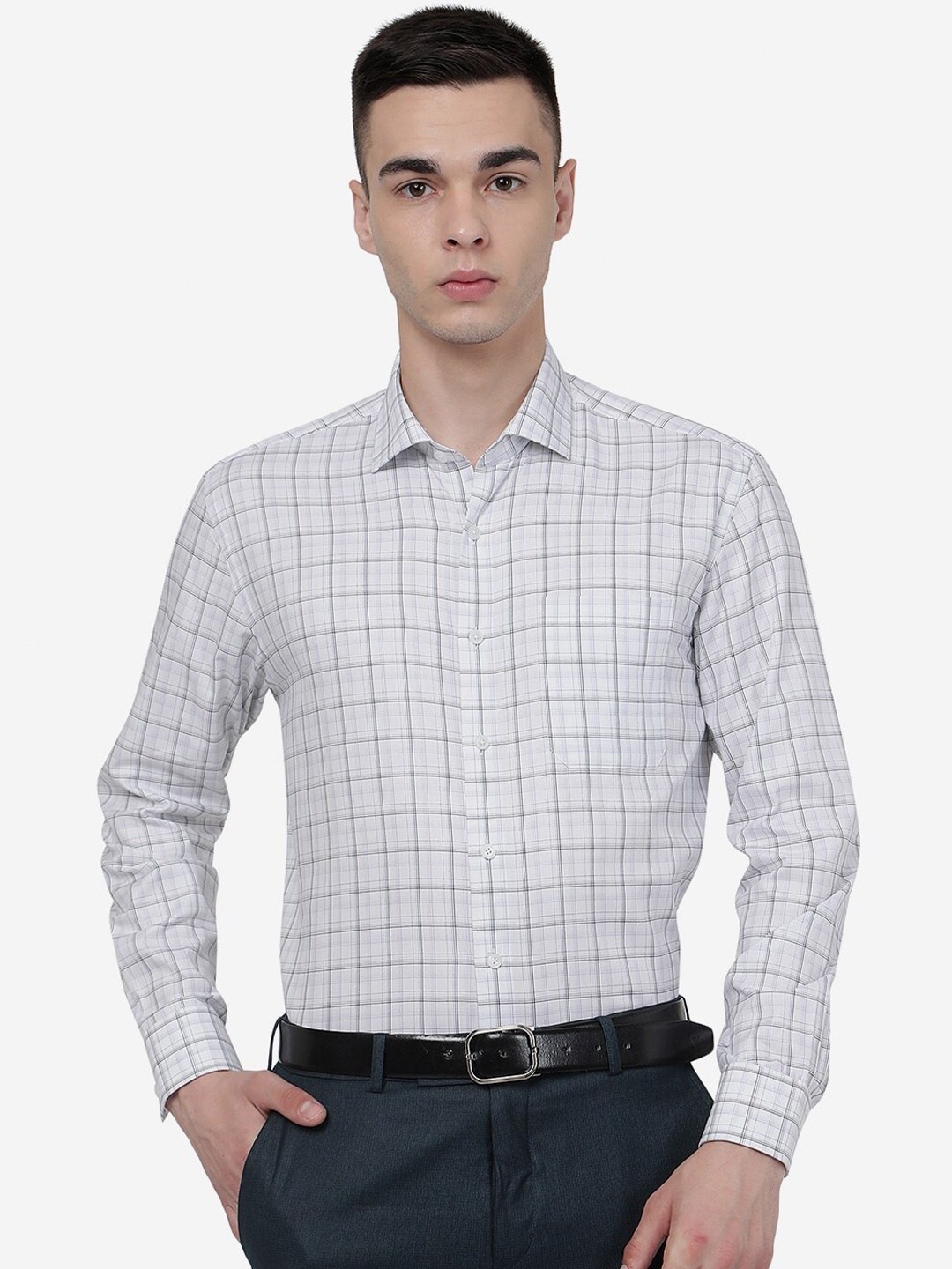 

JADE BLUE Tartan Checked Spread Collar Formal Pure Cotton Shirt, White