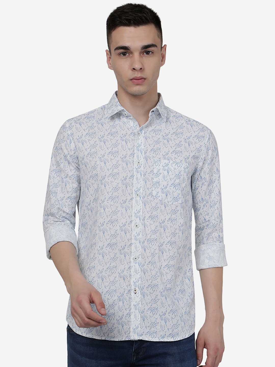 

JADE BLUE Floral Printed Spread Collar Casual Pure Cotton Shirt, White