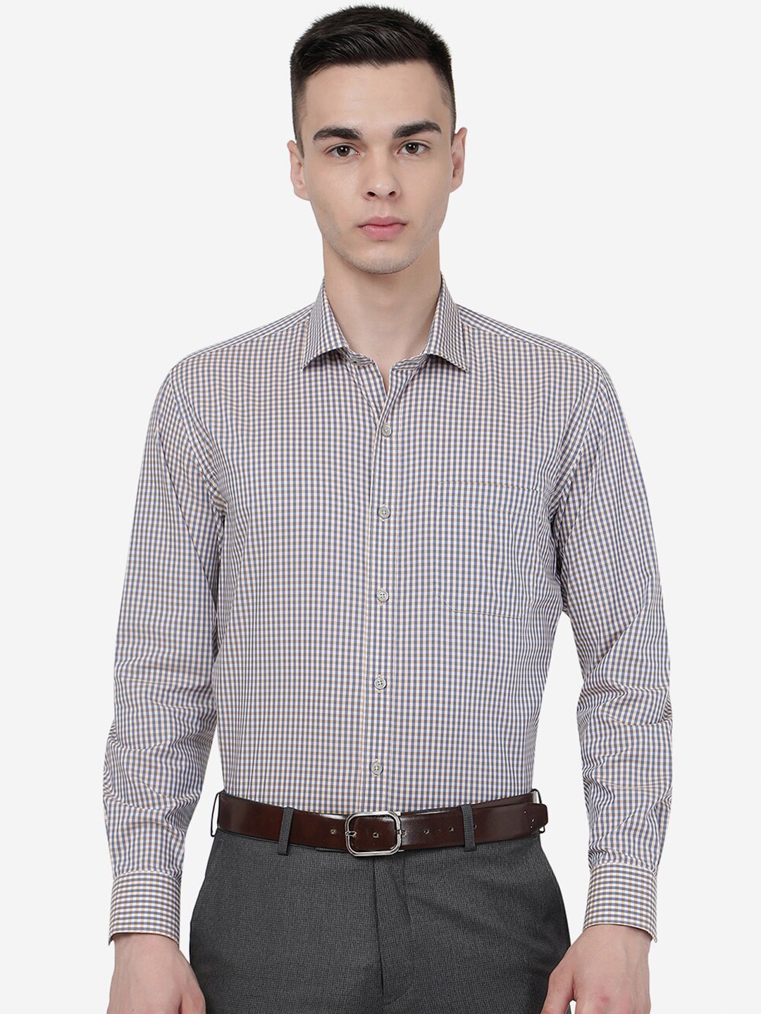 

JADE BLUE Checked Spread Collar Formal Pure Cotton Shirt