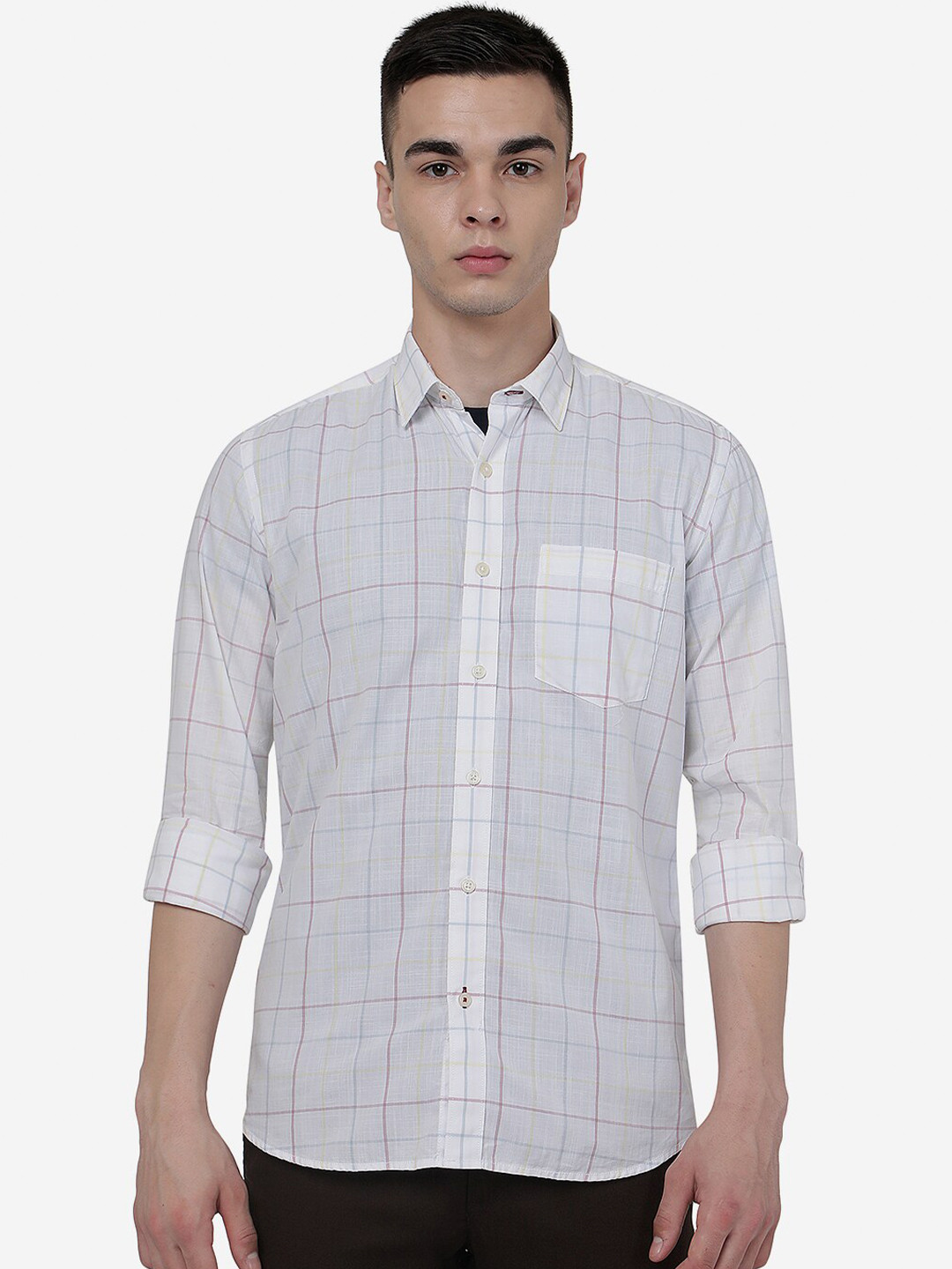 

JADE BLUE Checked Spread Collar Casual Pure Cotton Shirt, White