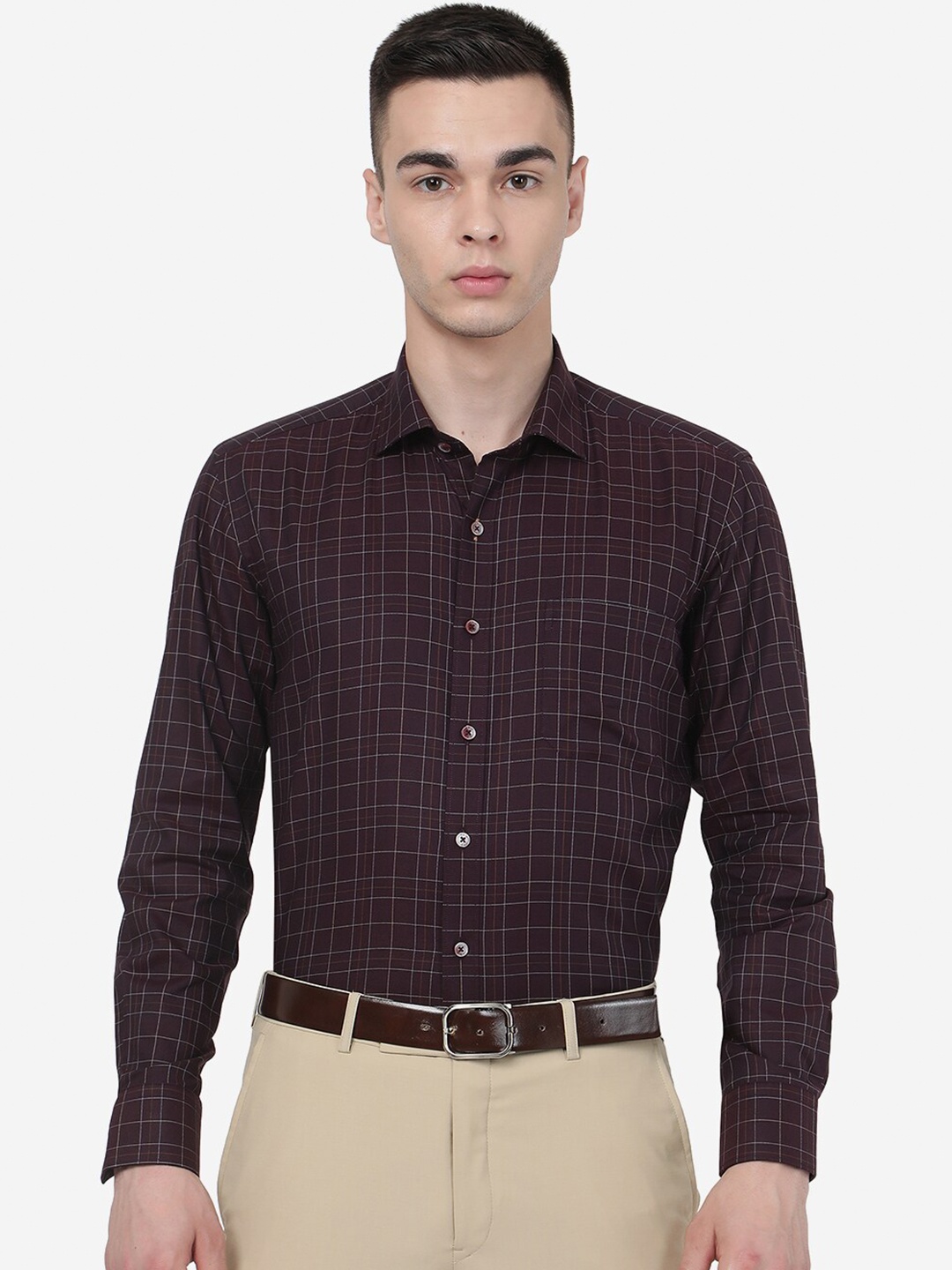 

JADE BLUE Checked Spread Collar Formal Pure Cotton Shirt, Maroon
