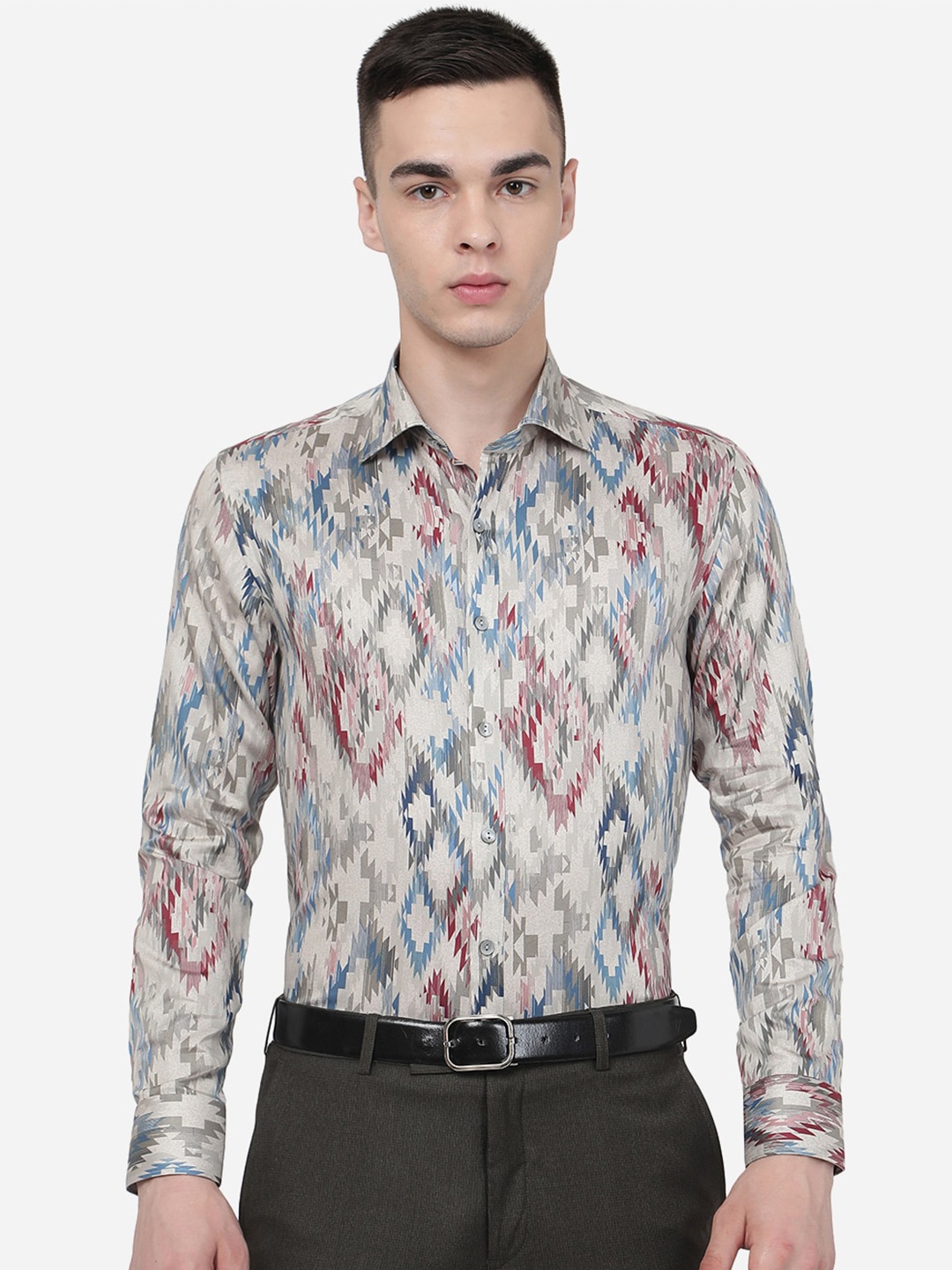 

WYRE Geometric Printed Slim Fit Pure Cotton Party Shirt, Beige