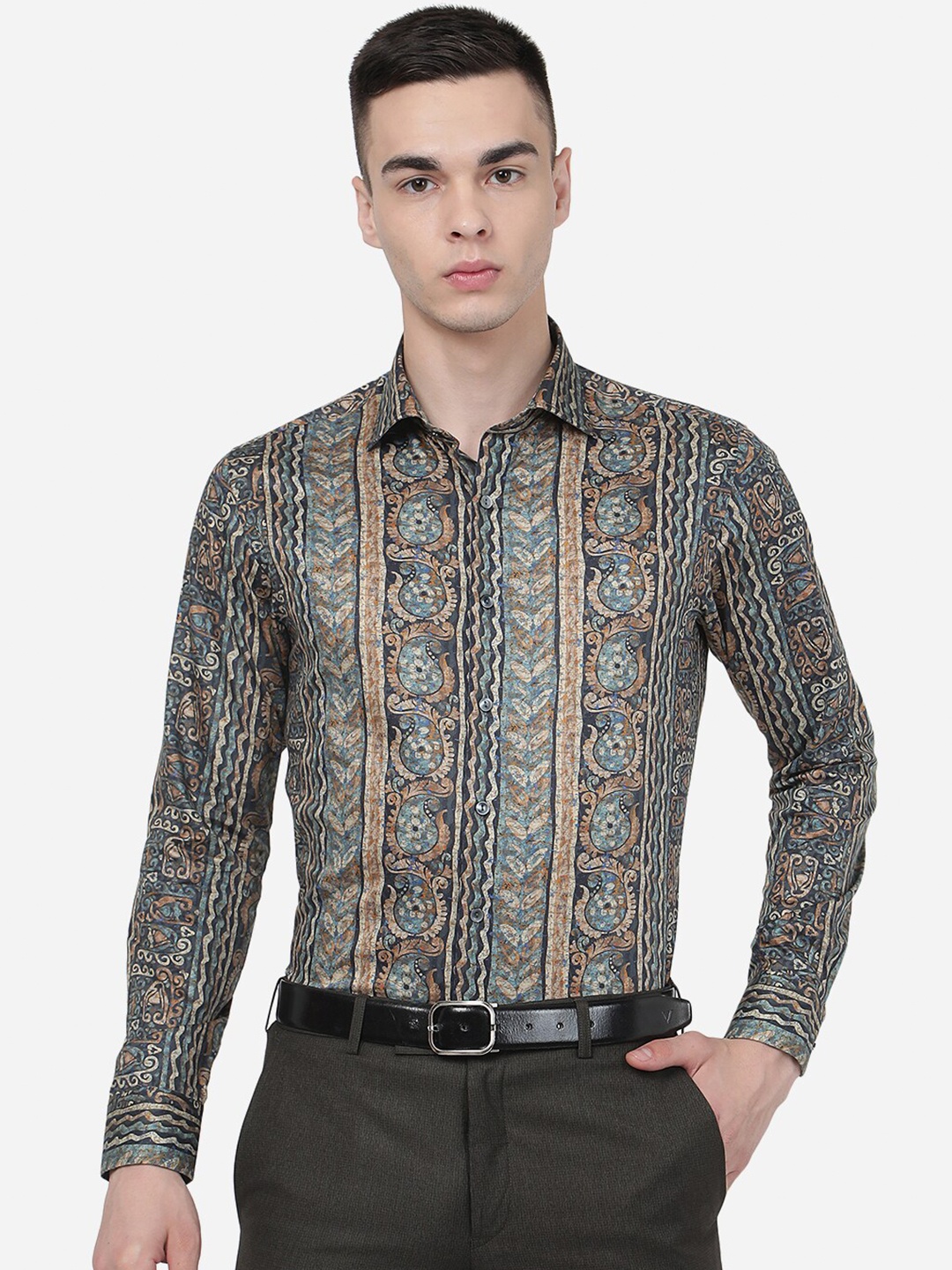 

WYRE Slim Fit Ethnic Motifs Printed Cotton Party Shirt, Blue