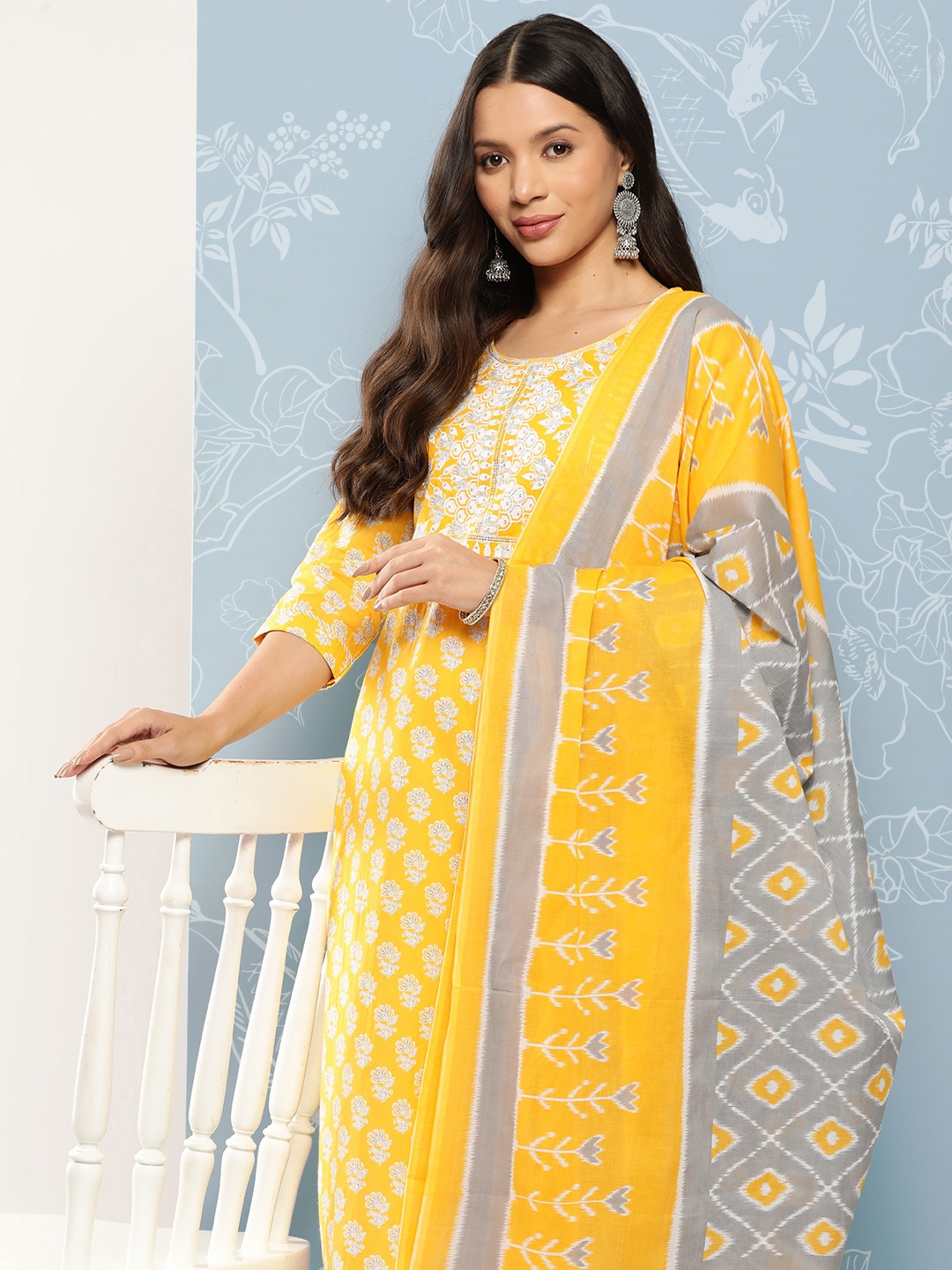 

Yufta Women Printed Thread Work Pure Cotton Kurta with Trousers & Dupatta, Yellow