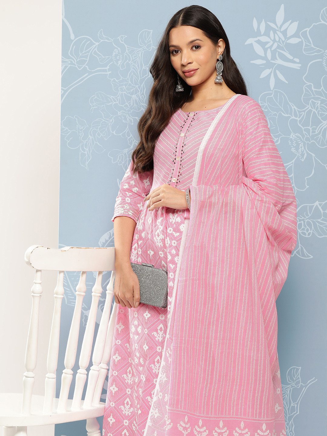 

Yufta Women Printed with Chikankari Pure Cotton Kurta with Trousers & Dupatta, Pink