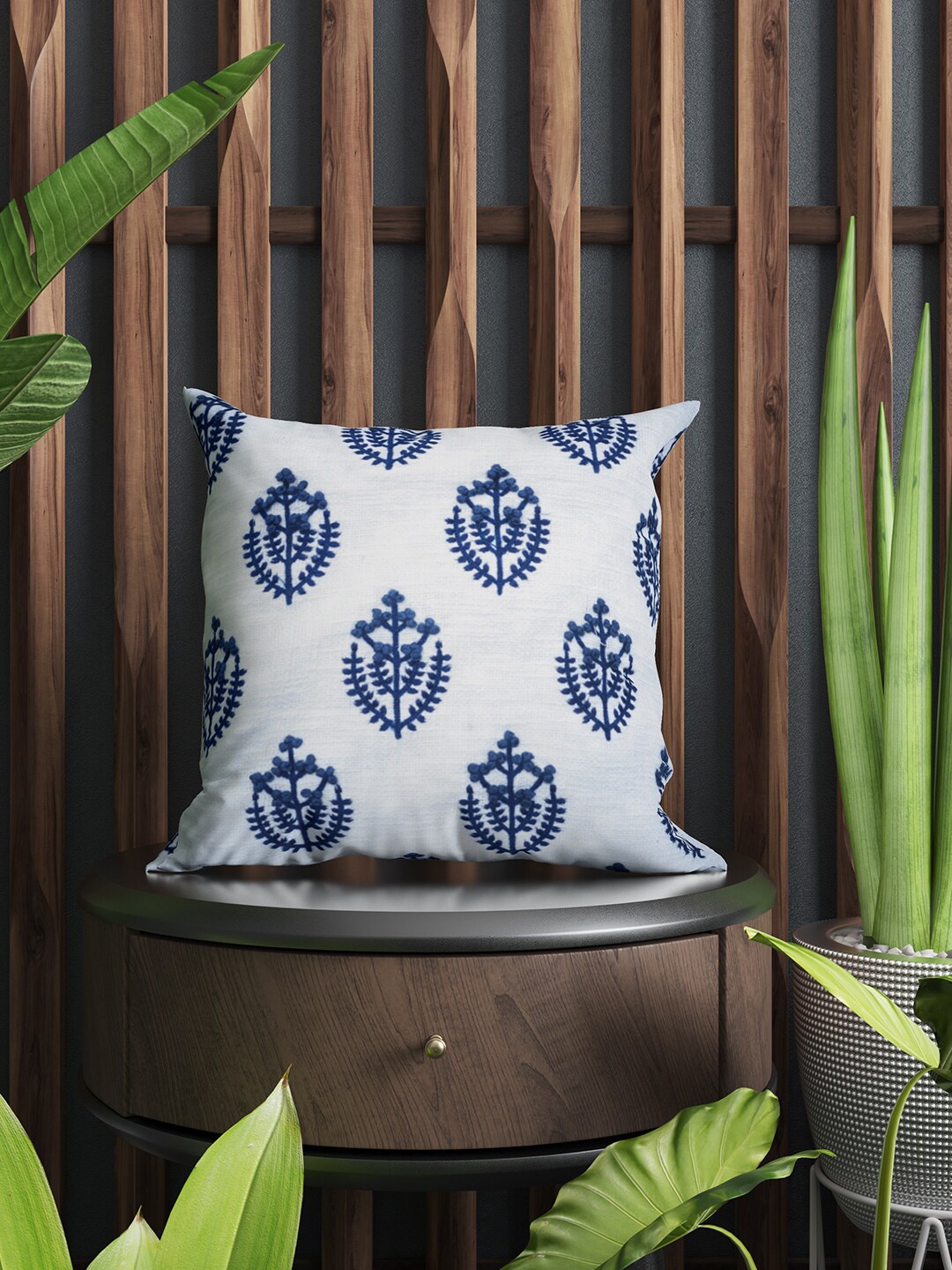 

SHADES of LIFE White & Blue Embroidered Cotton Square Cushion Cover