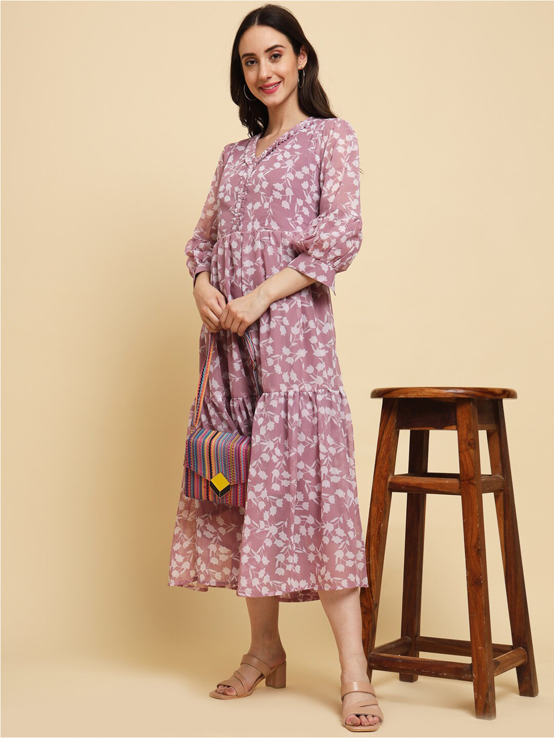 

SWAGG INDIA Floral Printed Georgette A-Line Midi Dress, Pink