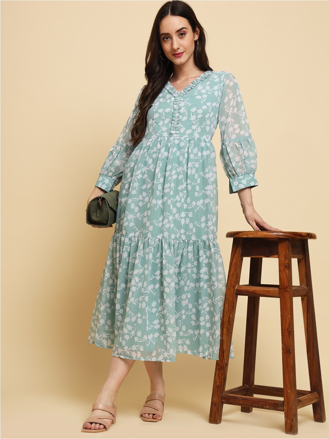 SWAGG INDIA Floral Printed Tiered Georgette A-Line Midi Dress, Sea green