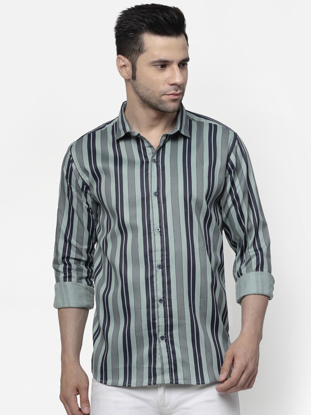 

ADWYN PETER Striped Cotton Casual Shirt, Green