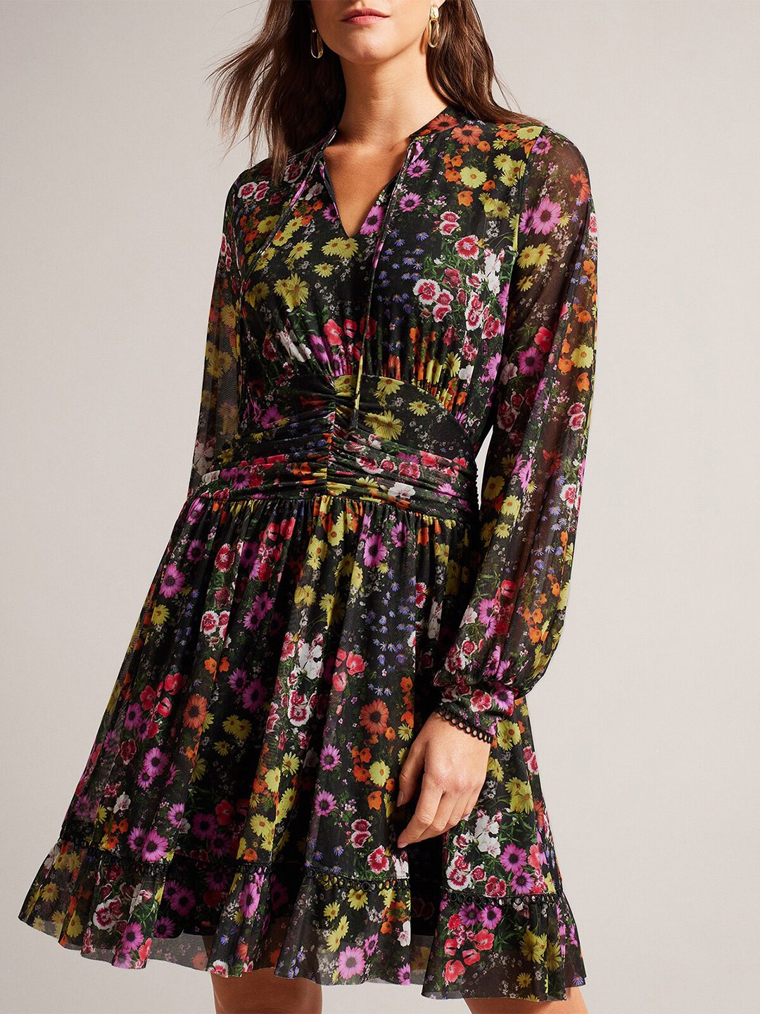 

Ted Baker Floral Printed Tie Up Neck A-Line Dress, Black