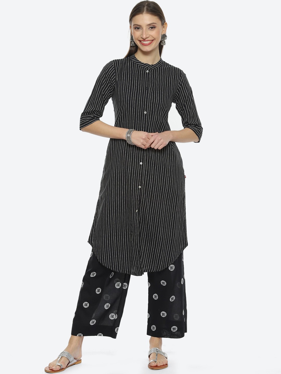 

Biba Mandarin Collar Striped Kurta with Trousers, Black