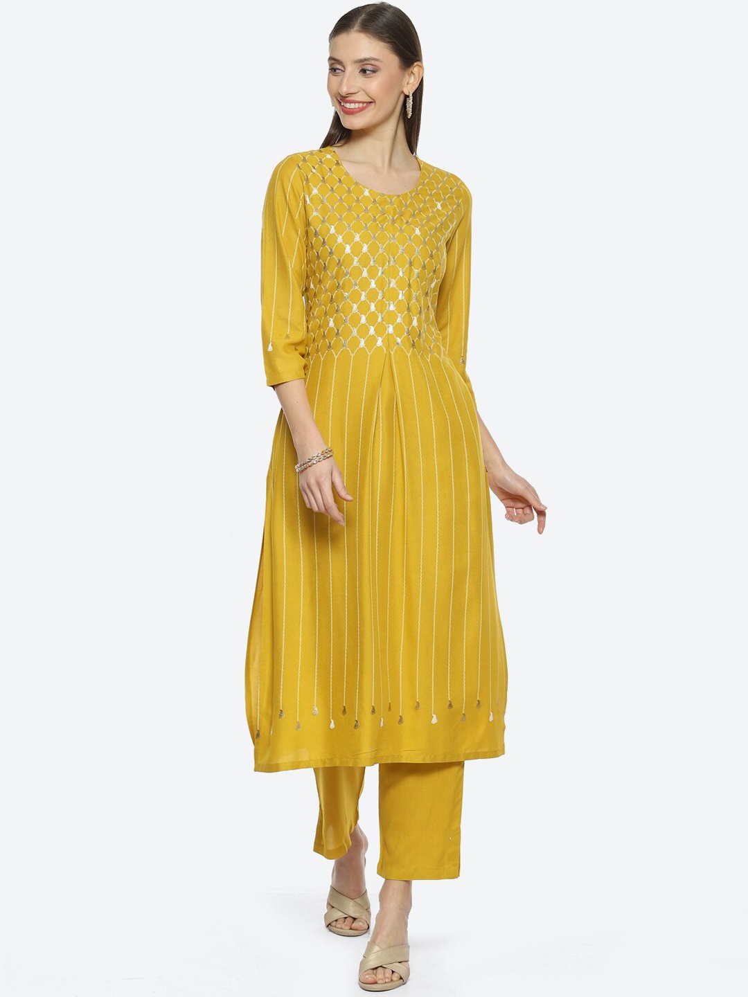 

Biba Ethnic Motifs Foil Printed Pleated A-Line Kurta with Trousers, Mustard