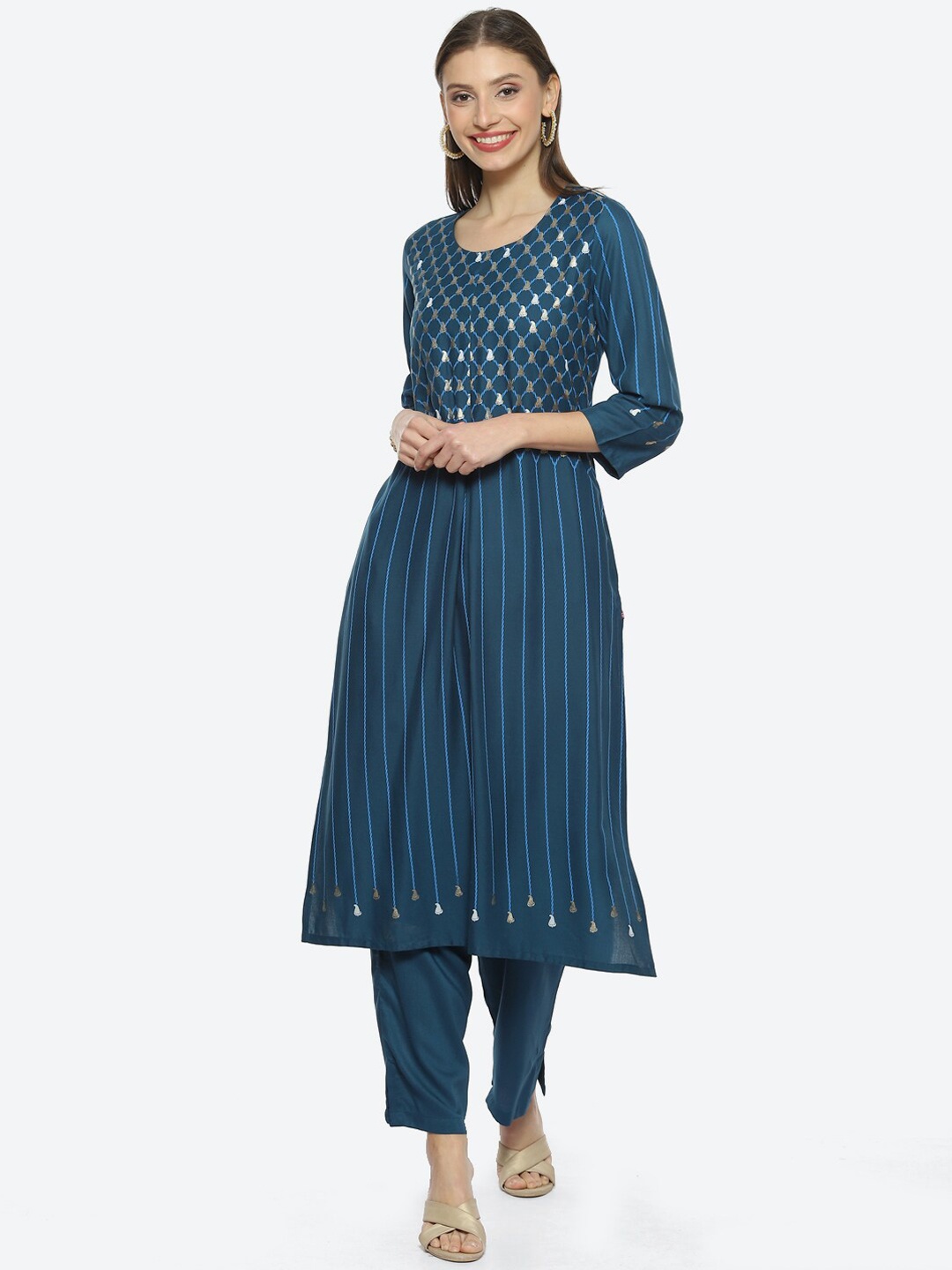 

Biba Ethnic Motifs Printed A-Line Kurta with Trousers & Dupatta, Blue