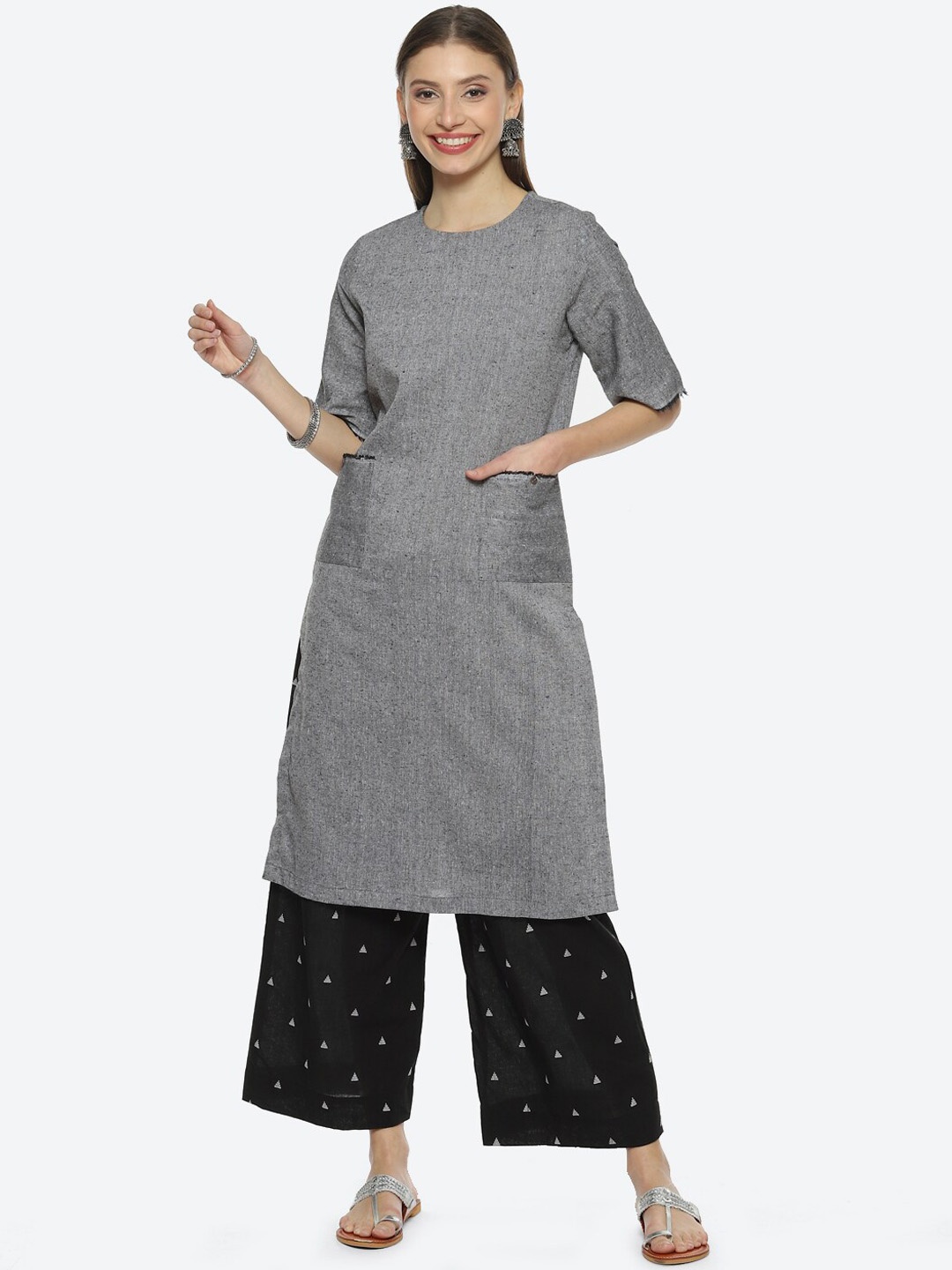 

Biba Round Neck Straight Kurta with Palazzos, Grey melange
