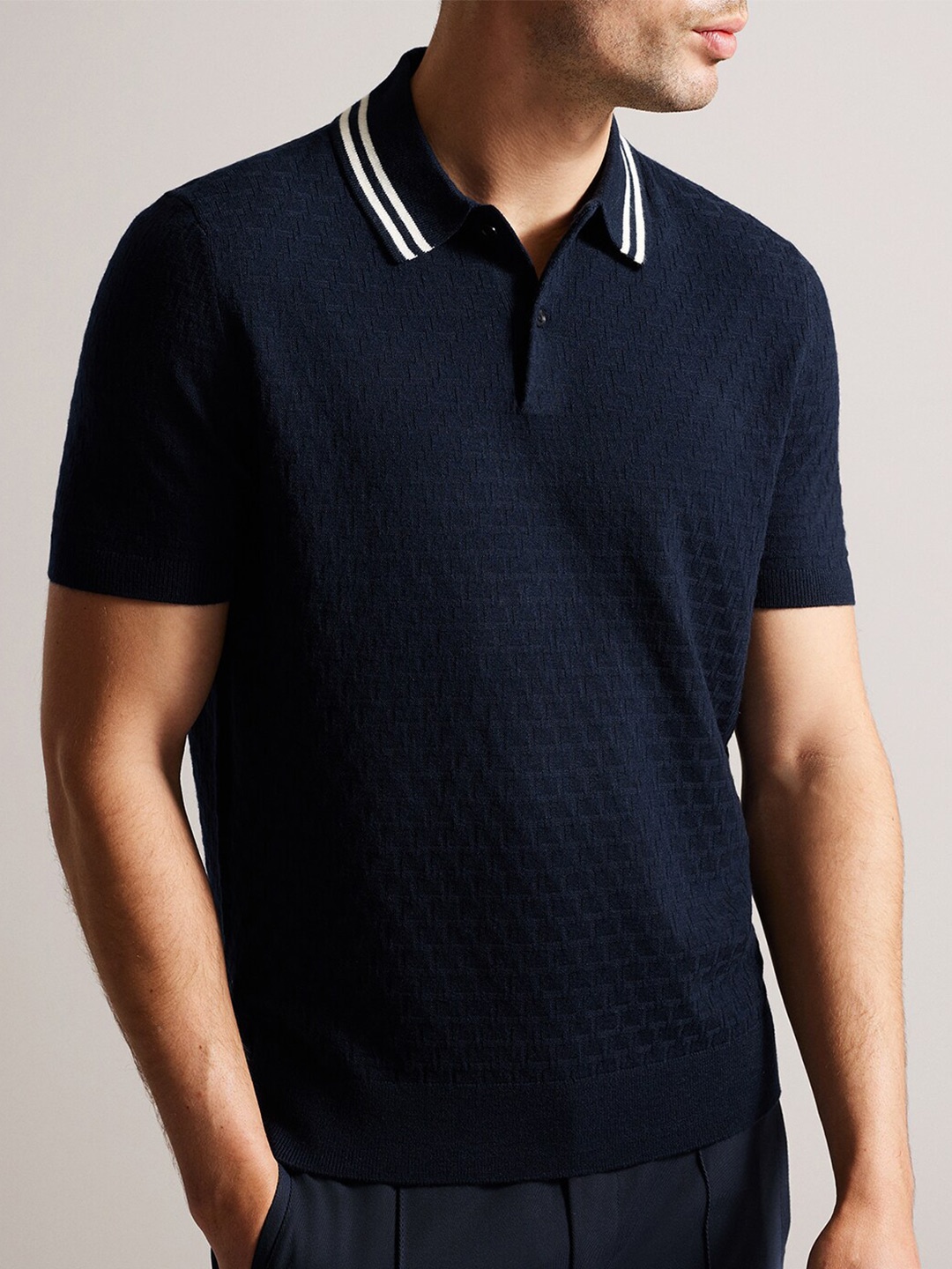 

Ted Baker Self Design Polo Collar Short Sleeves Cotton T-shirt, Navy blue