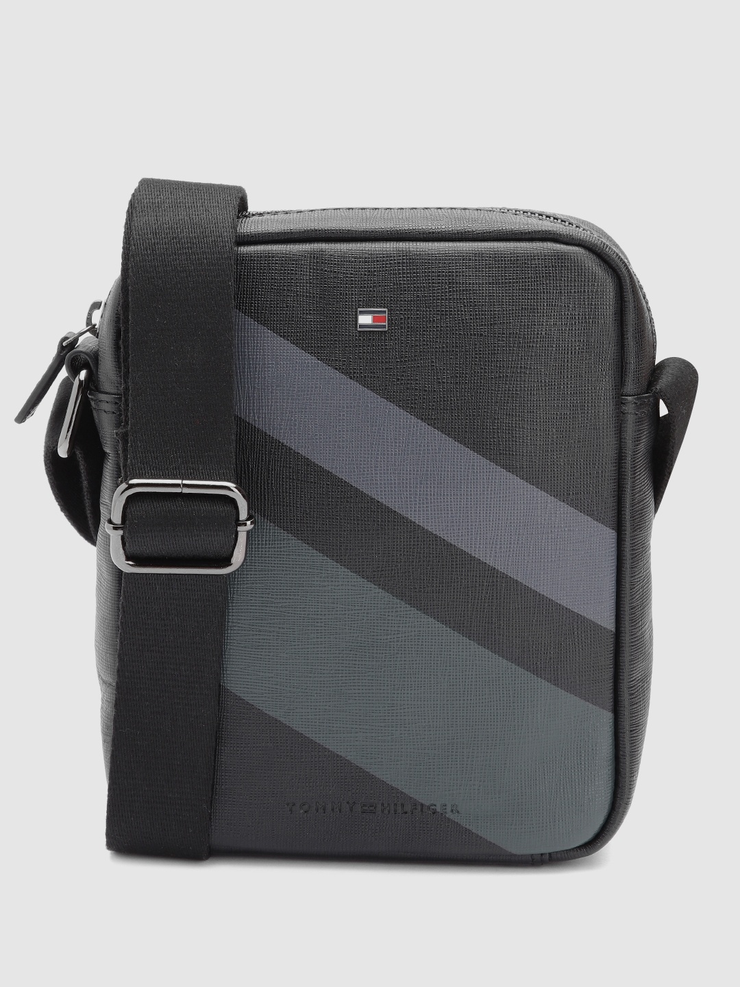 

Tommy Hilfiger Men Striped Messenger Leather Bag, Black