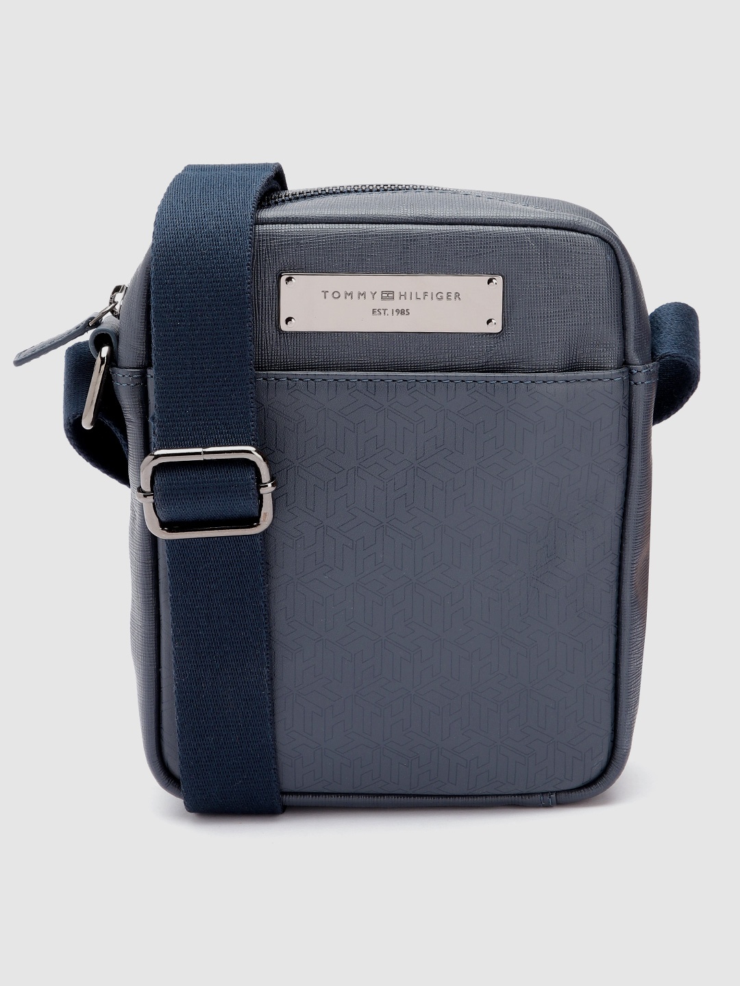 

Tommy Hilfiger Men Grey & Navy Blue Printed Messenger Bag