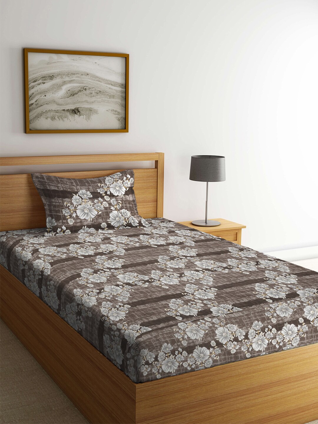 

KLOTTHE Brown & White Floral Printed 300TC Single Bedsheet With Pillow Cover