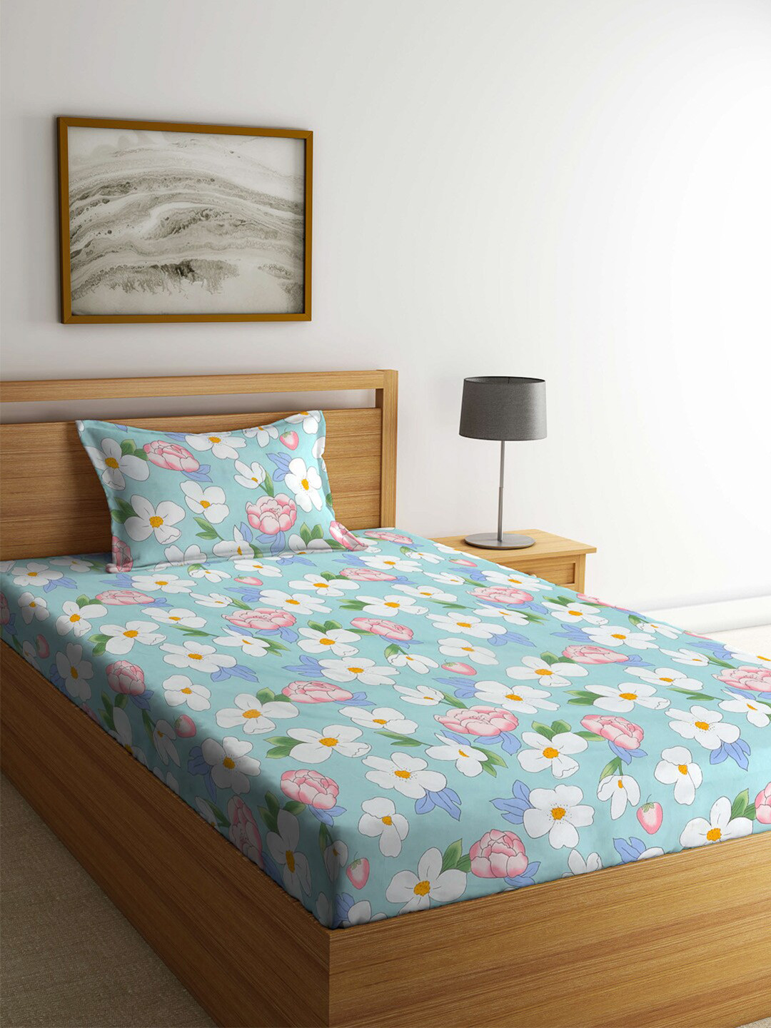 

KLOTTHE Blue & White Floral Printed 300TC Single Bedsheet With Pillow Cover