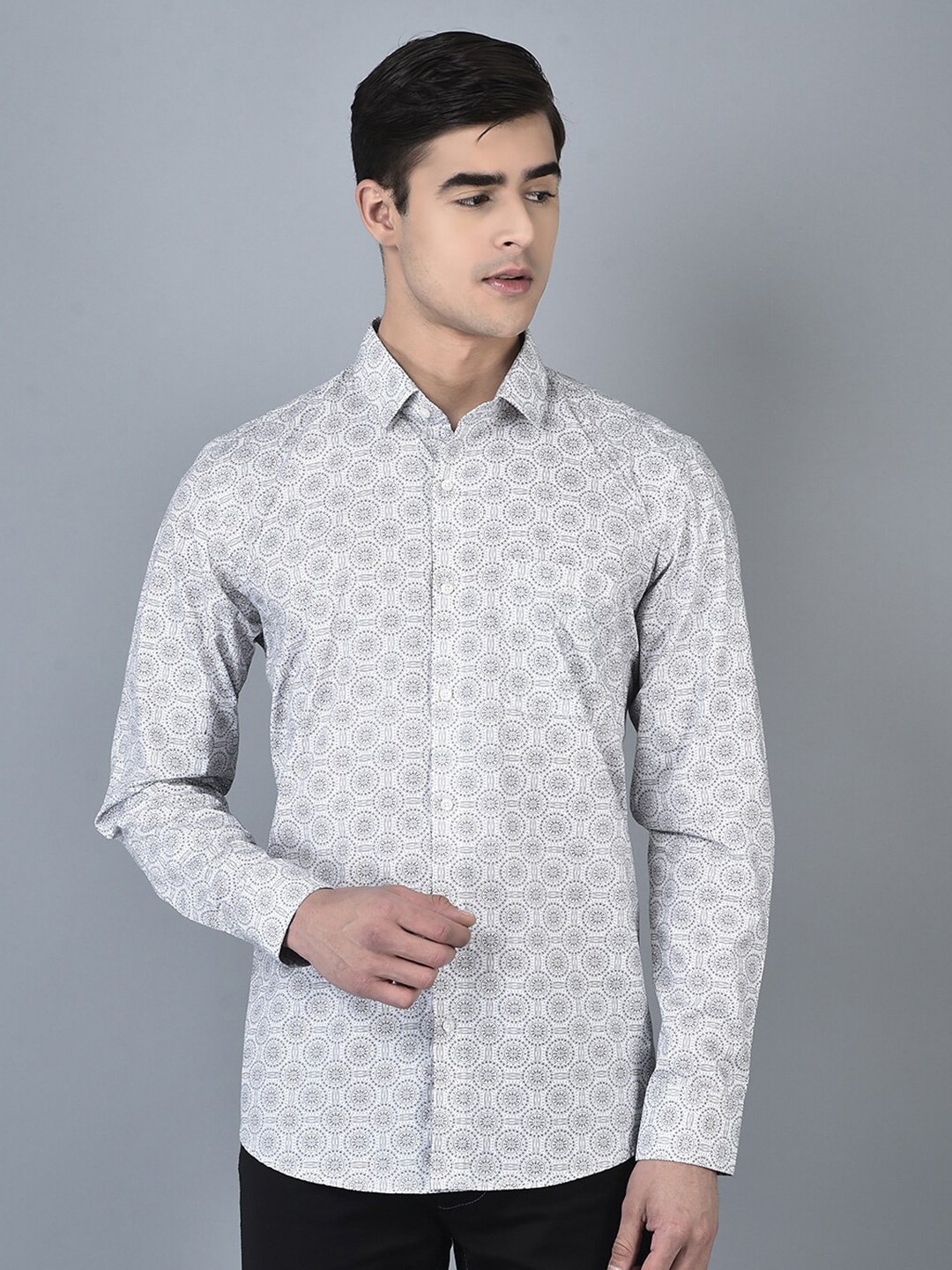 

CANOE Slim Fit Geometric Printed Casual Pure Cotton Shirt, White