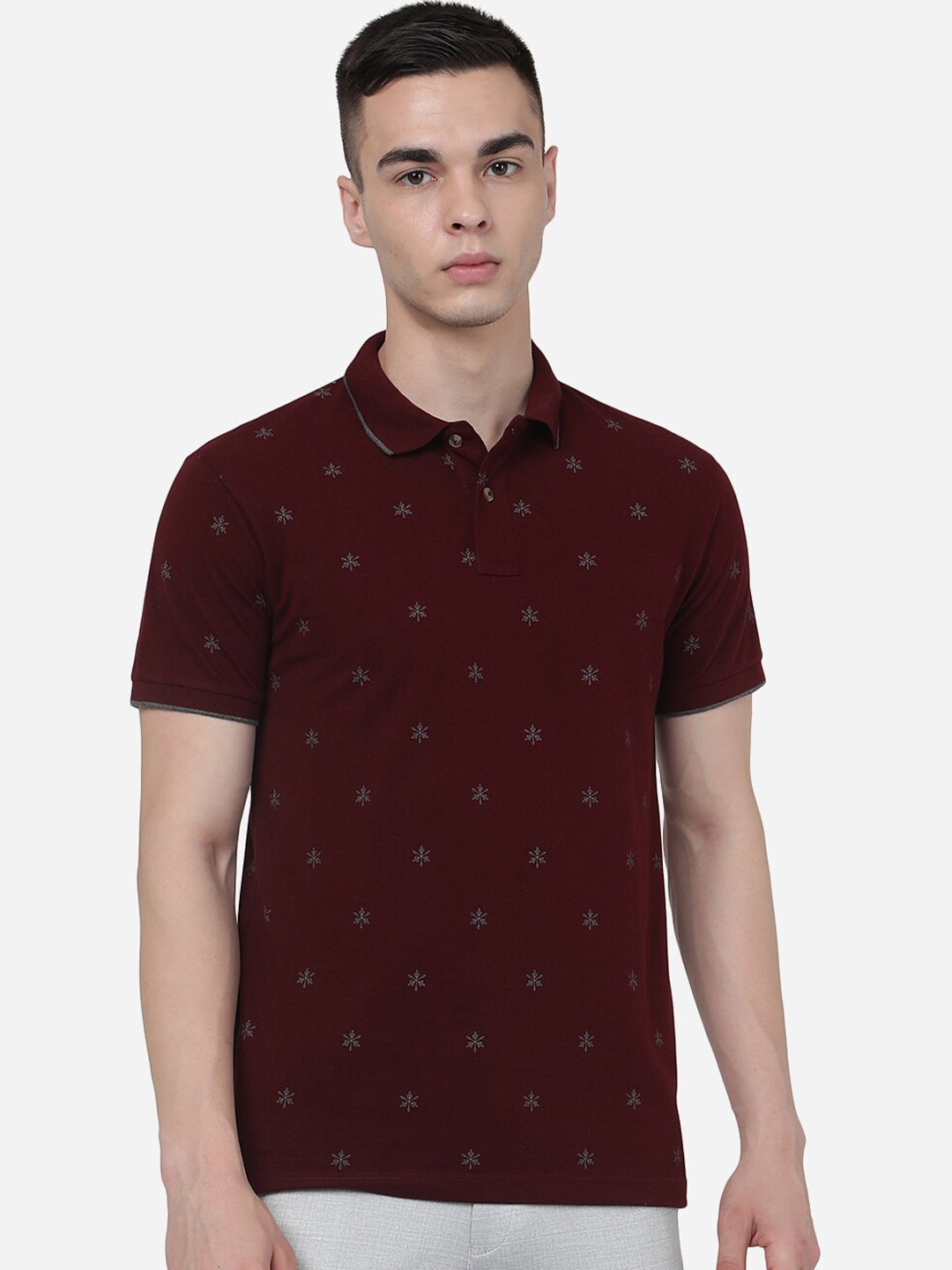 

Greenfibre Conversational Printed Polo Collar Slim Fit T-shirt, Maroon