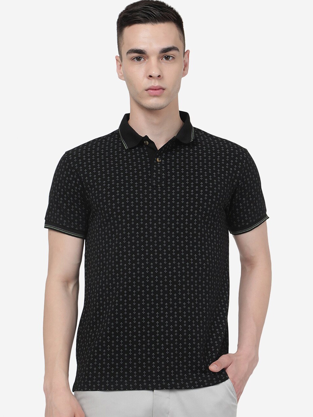 

Greenfibre Geometric Printed Polo Collar Slim Fit T-shirt, Black