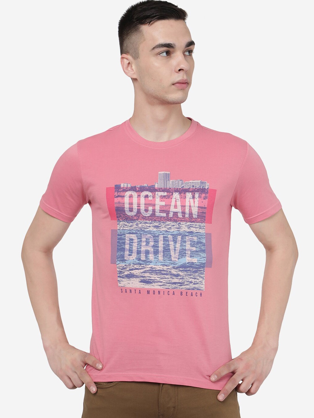 Greenfibre Typography Printed Slim Fit T-shirt, Pink