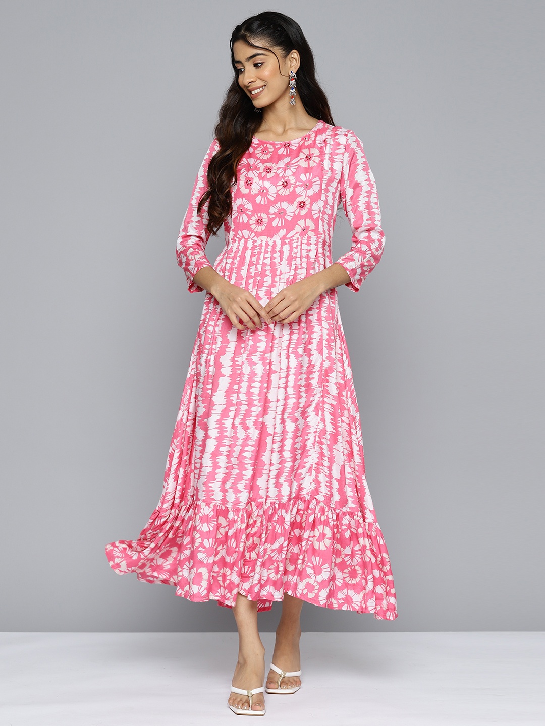

HERE&NOW Floral Print A-Line Midi Dress with Embellished Detail, Pink