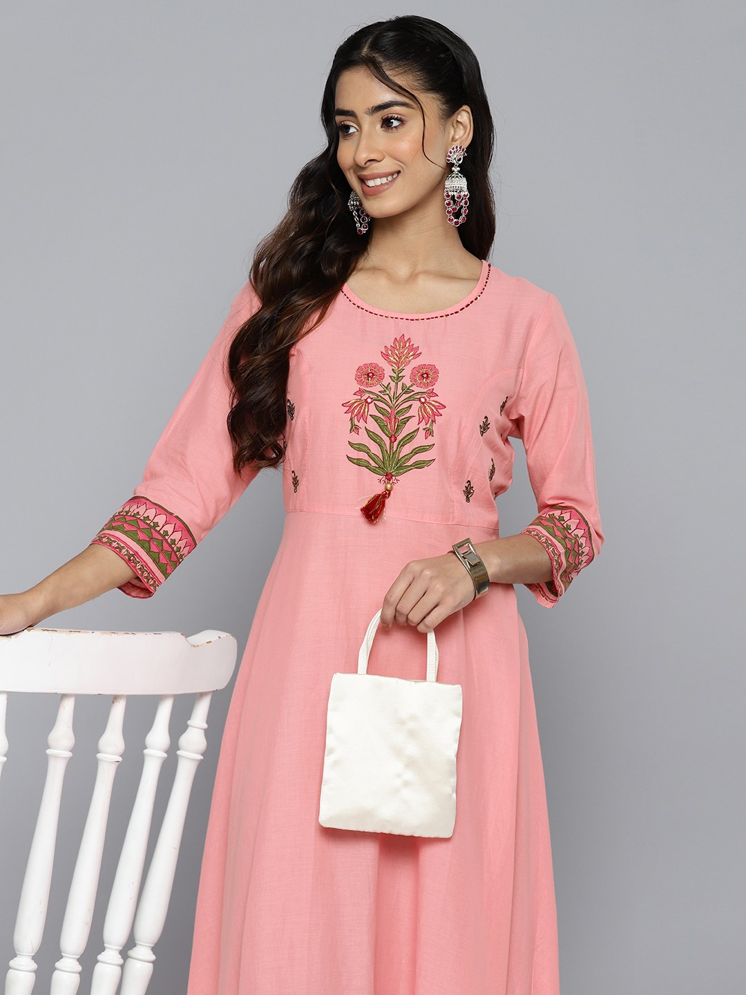 

HERE&NOW Floral Embroidered Pure Cotton A-Line Maxi Dress with Embellished Detail, Pink