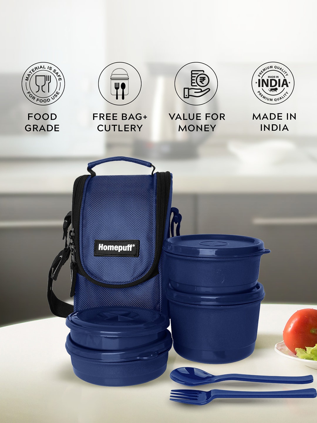 

Home Puff Blue 4 Pieces Stainless Steel Lunch Box With Lunch Bag