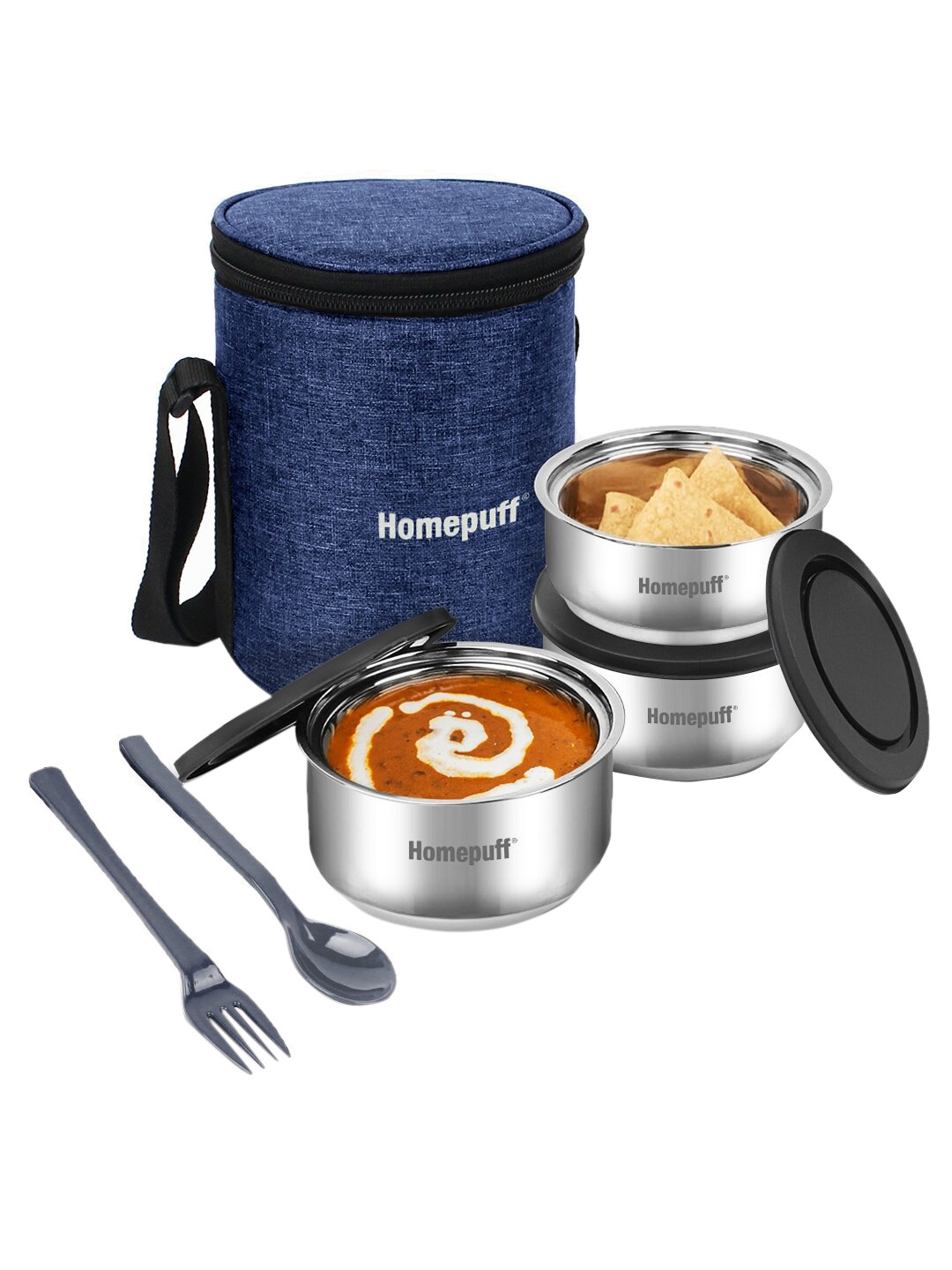 

Home Puff Blue 3 Pieces Stainless Steel Lunch Box With Lunch Bag