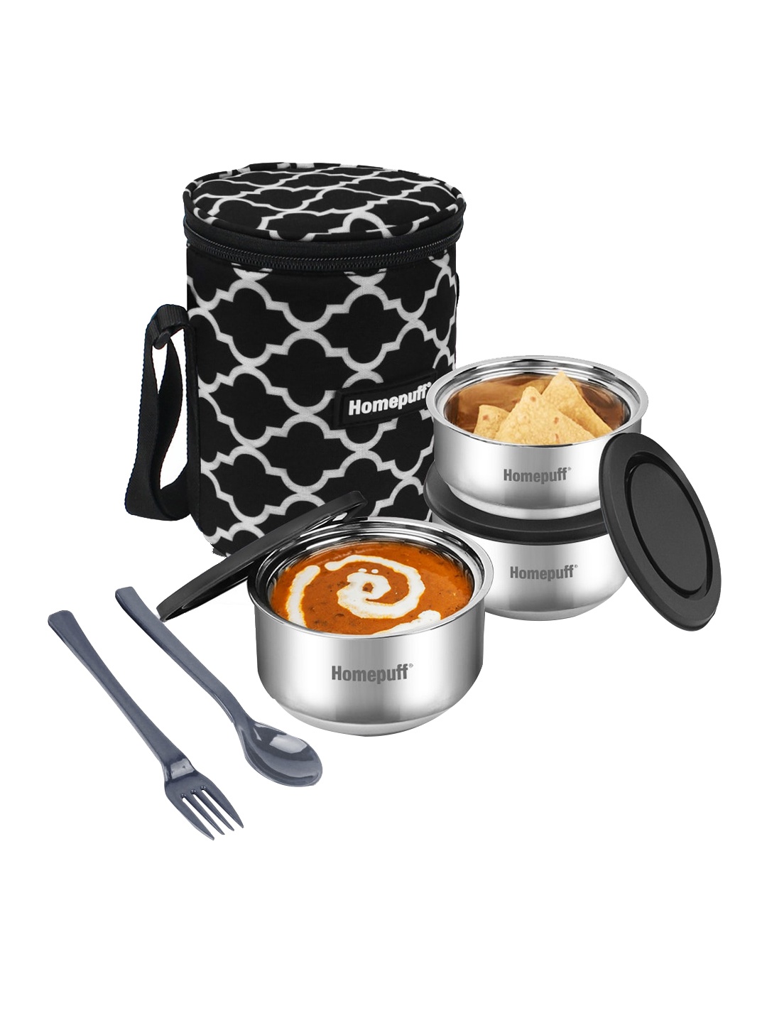 

Home Puff Black 3-Pieces Stainless Steel Dishwasher Safe Lunch Box With Lunch Bag